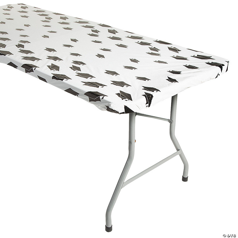 72" x 30" Graduation Caps Rectangle Fitted Disposable Plastic Tablecloth Image