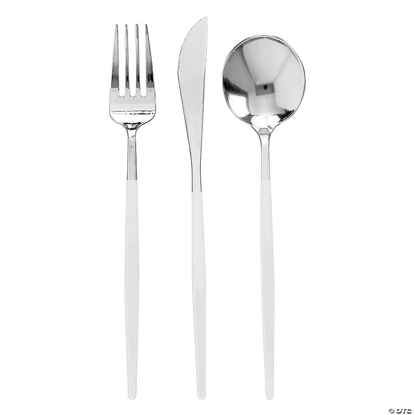 720 Pc. Silver with White Handle Moderno Disposable Plastic Cutlery Set Spoons, Forks and Knives (240 Guests)