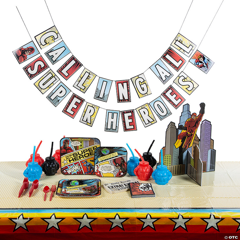 75 Pc. Comic Superhero Party Tableware Kit for 8 Guests Image