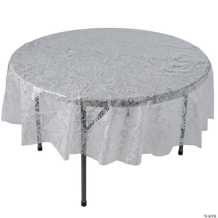 76" diam. White Lace-Printed Round Disposable Plastic Tablecloth Image