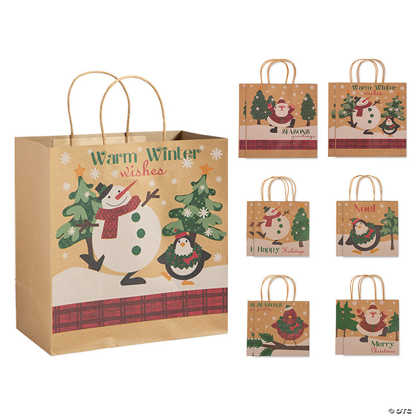 8 1/2" - 11" 1/2" Medium & Large Christmas Scene Kraft Paper Gift Bag Assortment - 12 Pc. Image