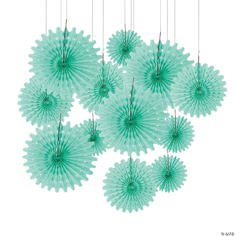 8" - 16" Mint Green Hanging Paper Fans - 12 Pc. Image