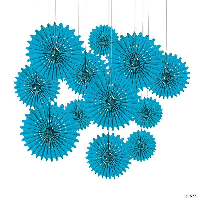 8" - 16" Turquoise Hanging Paper Fans - 12 Pc. Image