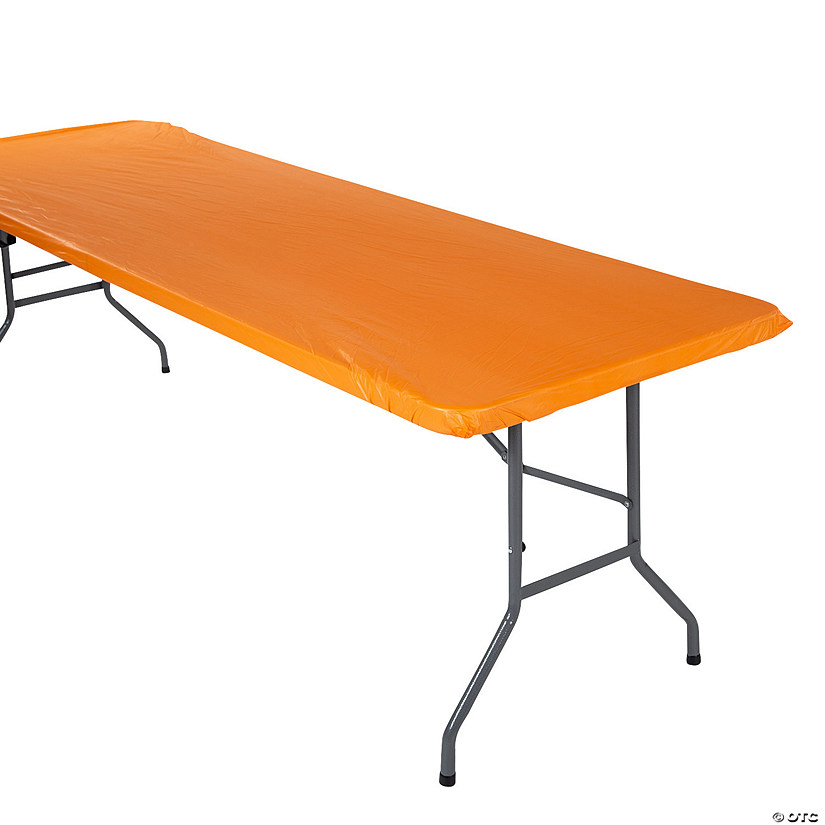 8 Ft. Orange Fitted Rectangle Disposable Plastic Tablecloth Image