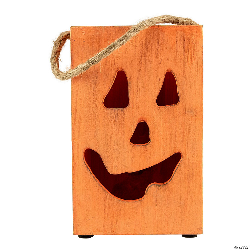 8" Large Orange Wood Jack O Lantern Halloween Candle Lantern Image