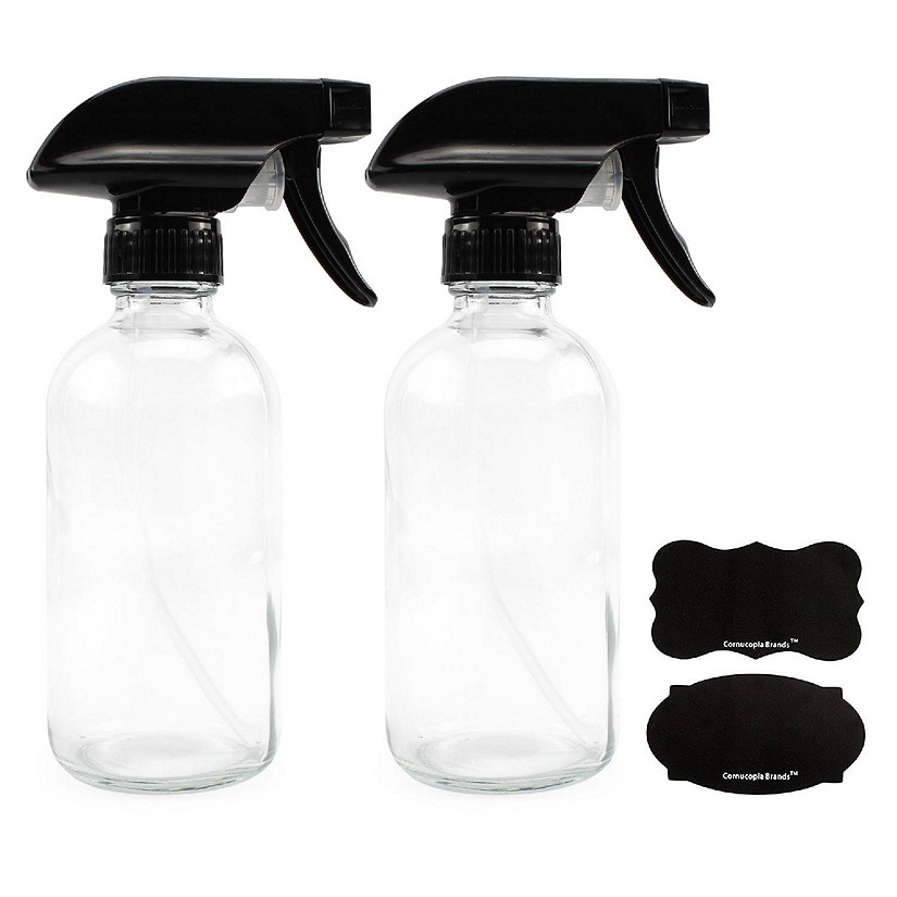 8-Ounce Clear Glass Spray Bottles (2-Pack); Boston Round Bottles w/ 3-Setting Adjustable Black Heavy Duty Sprayers & Chalk Labels Image