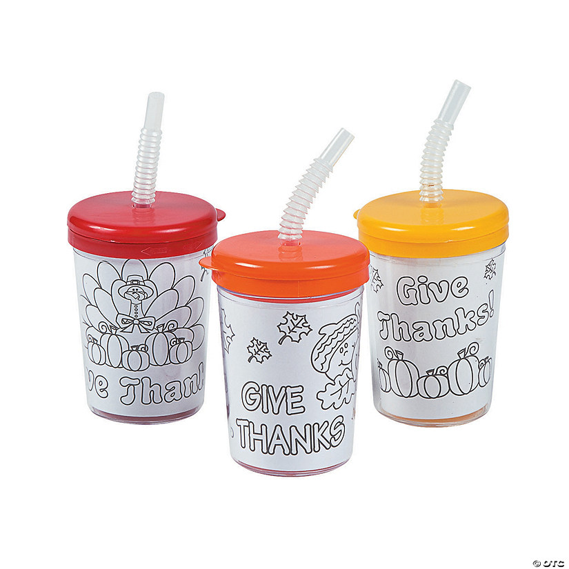 8 oz. Give Thanks Color Your Own BPA-Free Plastic Cups with Lids &amp; Straws &amp;#8211; 12 Pc.   Image