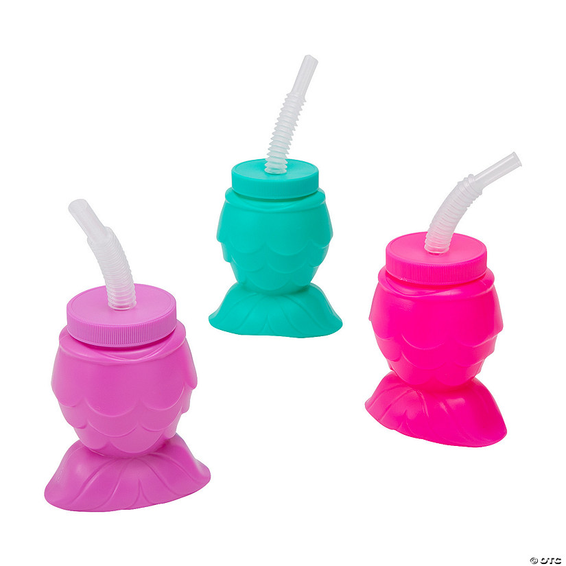 8 oz. Mermaid Reusable Plastic Cups with Lids & Straws - 12 Ct. Image