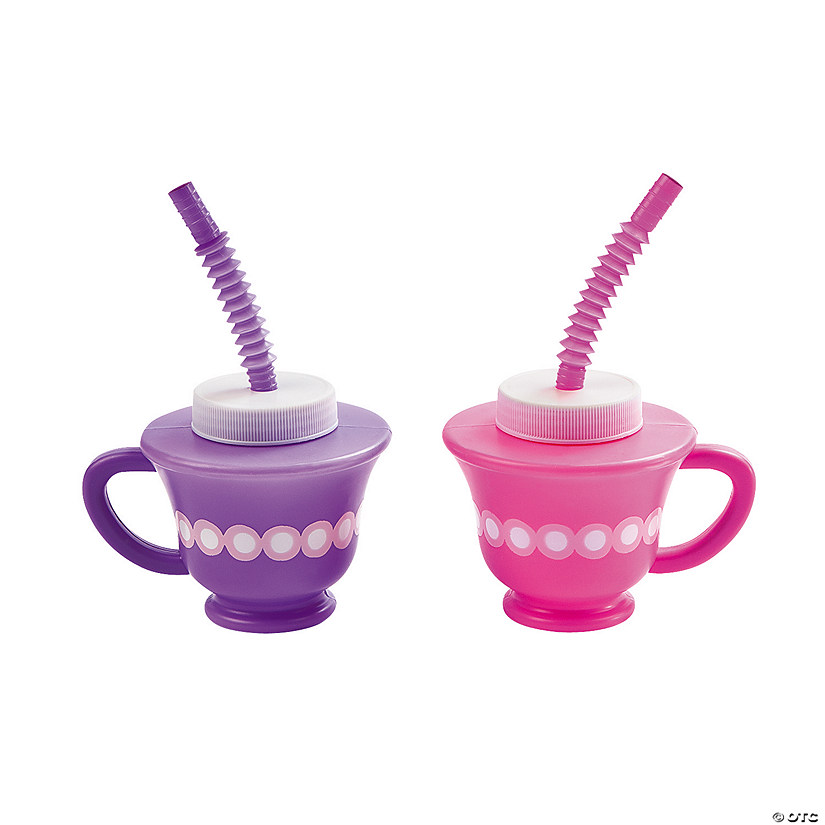 8 oz. Tea Party Novelty Reusable BPA-Free Plastic Cups with Lids & Straws - 12 Ct. Image