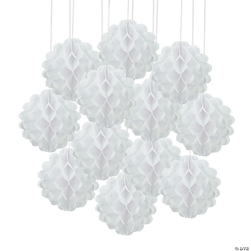 8" White Hanging Honeycomb Tissue Paper Balls - 12 Pc. Image