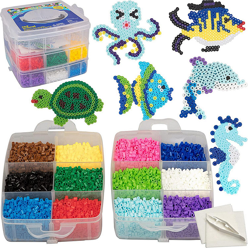 8,000 pc Fuse Beads Super Kit w/ Sea Animal Pegboards & Templates, 12 Colors, 6 Peg Boards, Tweezers, Ironing Paper, Works with Perler- Craft Gift, Pixel Art Pr Image