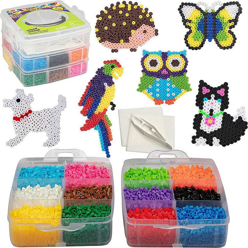 8,000pc Fuse Bead Super Kit w/Animal Pegboards and Templates -12 Colors, 6 Peg Boards, Tweezers, Ironing Paper, Case -Works with Perler- Craft Gift, Pixel Art P Image