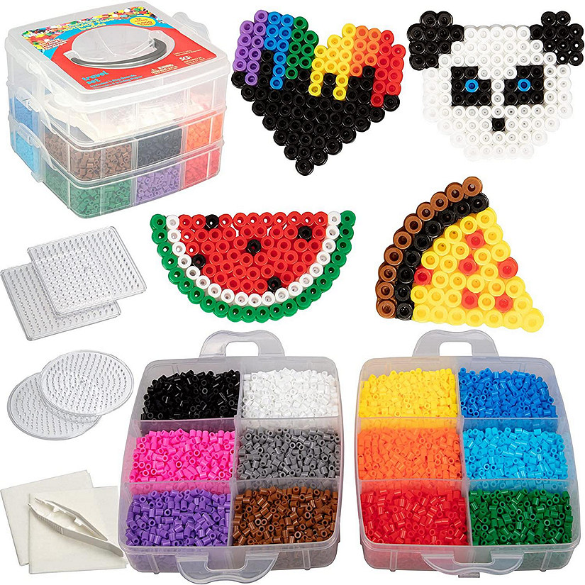 8,000pc Fuse Bead Super Kit w Carrying Case -Presorted 12 Colors, Tweezers, Peg Boards, Iron Paper- Works w Perler- Melting Craft Gift, Pixel Art Project, Kids Image