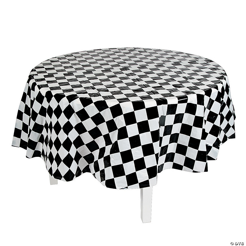 82" Black & White Checkered Round Plastic Tablecloth Image
