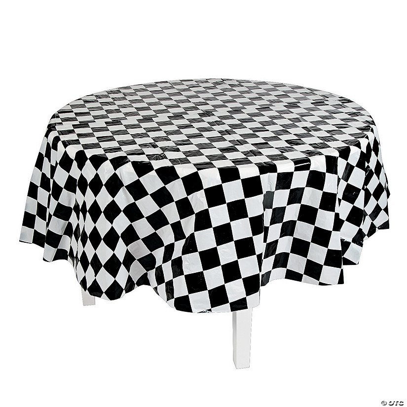 82" Black &amp; White Checkered Round Plastic Tablecloth Image
