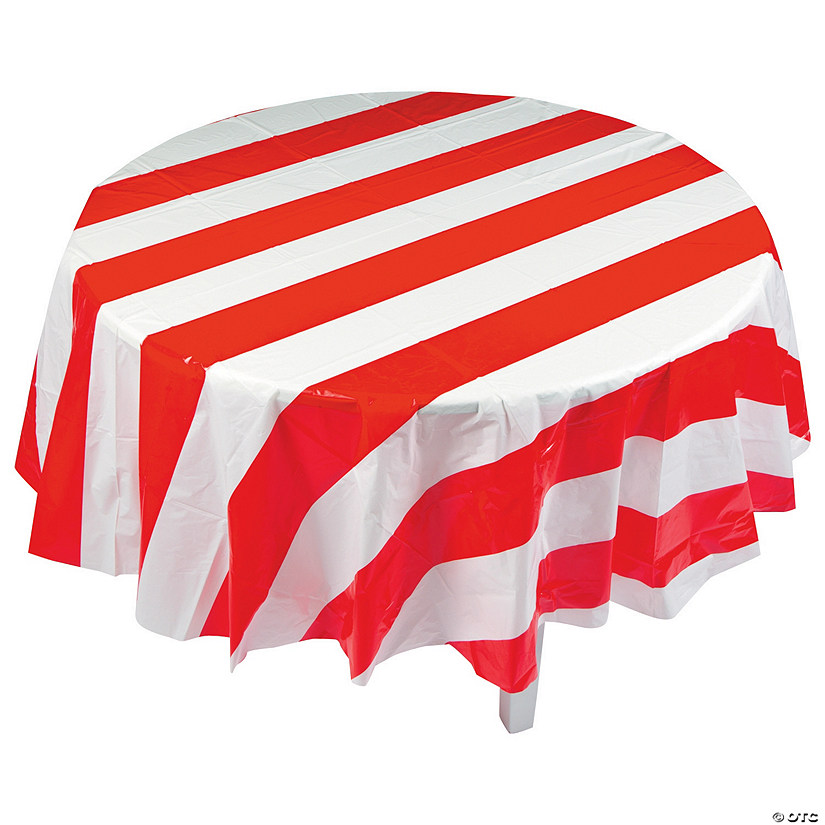 82" Red &amp; White Striped Round Plastic Tablecloth Image