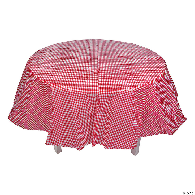 82" Red Gingham Round Plastic Tablecloth Image