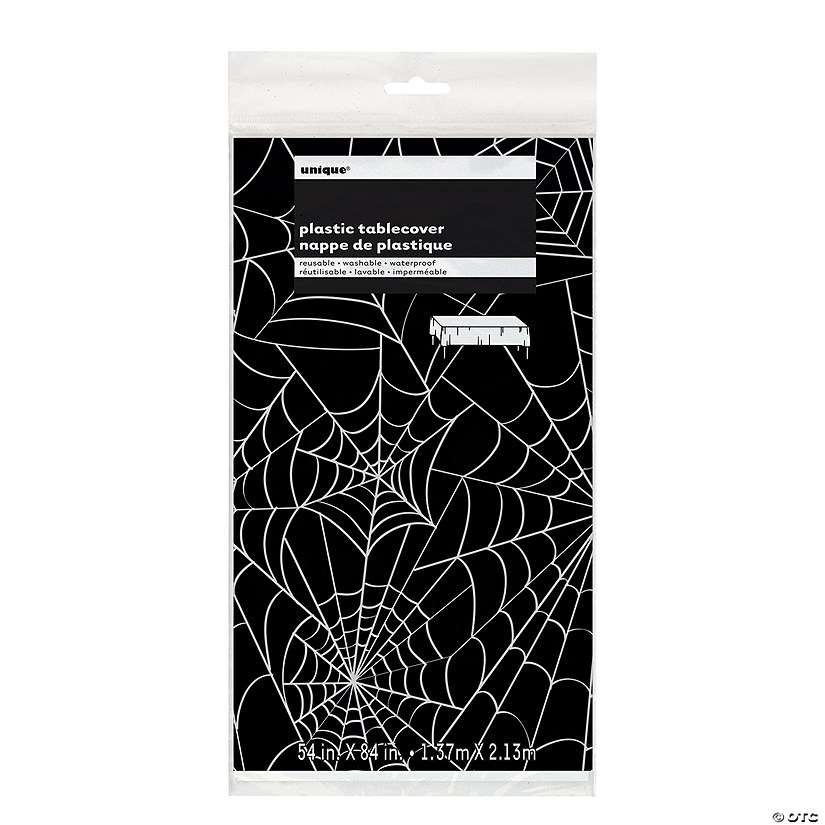 84" x 54" Black &amp; White Halloween Spider Web Rectangle Disposable Plastic Tablecloth Image