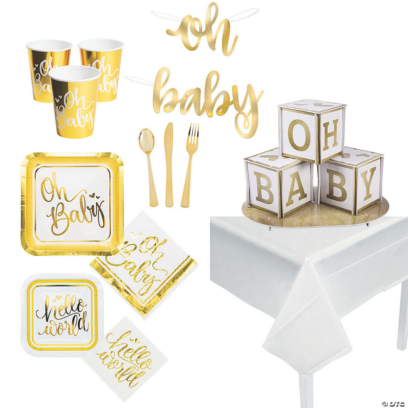89 Pc. White & Gold Baby Shower Tableware Kit for 8 Guests Image
