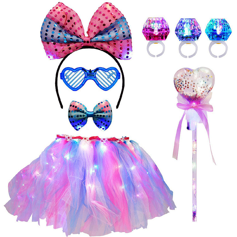 8PCS Fairy Princess Costume Set with LED Tutu Skirt, Ribbon & Wand for Girls Pretend Play Costume Image