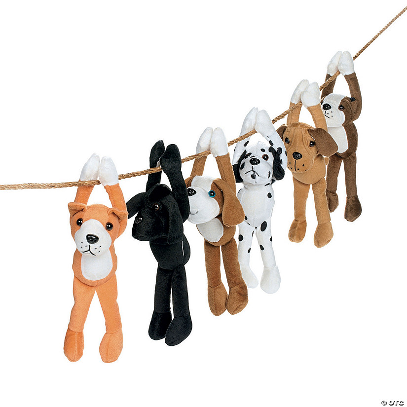 9 1/2" - 10 1/2" Long Arm Black, White & Brown Stuffed Dogs - 12 Pc. Image