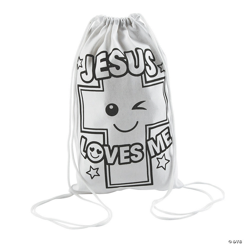 9 1/2" x 15" Color Your Own Jesus Loves Me Drawstring Bags - 12 Pc. Image