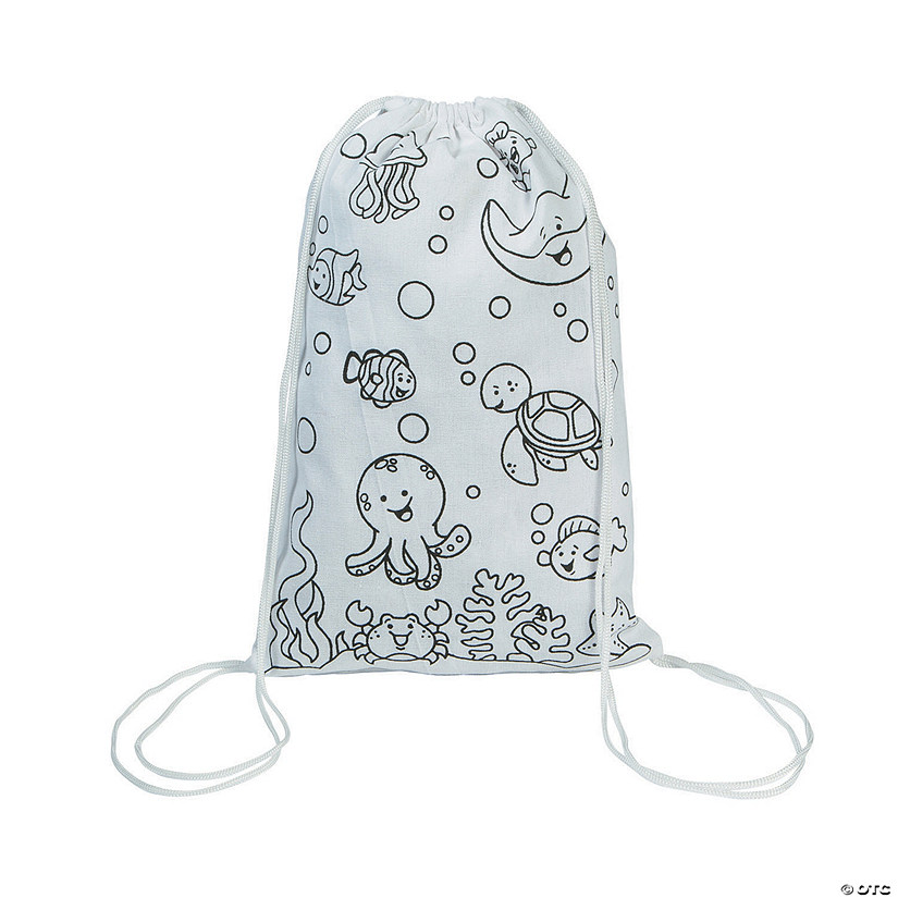 9 1/2" x 15" Color Your Own Under the Sea Canvas Drawstring Bags - 12 Pc. Image