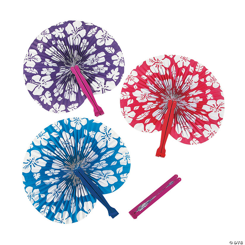 9 3/4" Red, Purple & Blue Hibiscus Folding Hand Fans - 12 Pc. Image