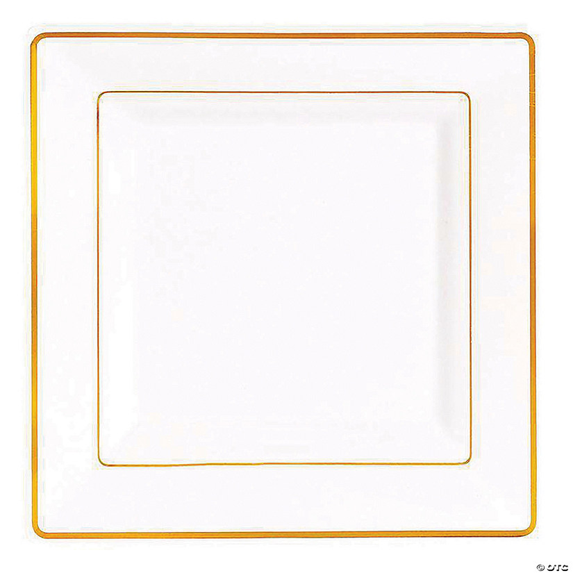 9.5" White with Gold Square Edge Rim Plastic Dinner Plates (40 Plates) Image