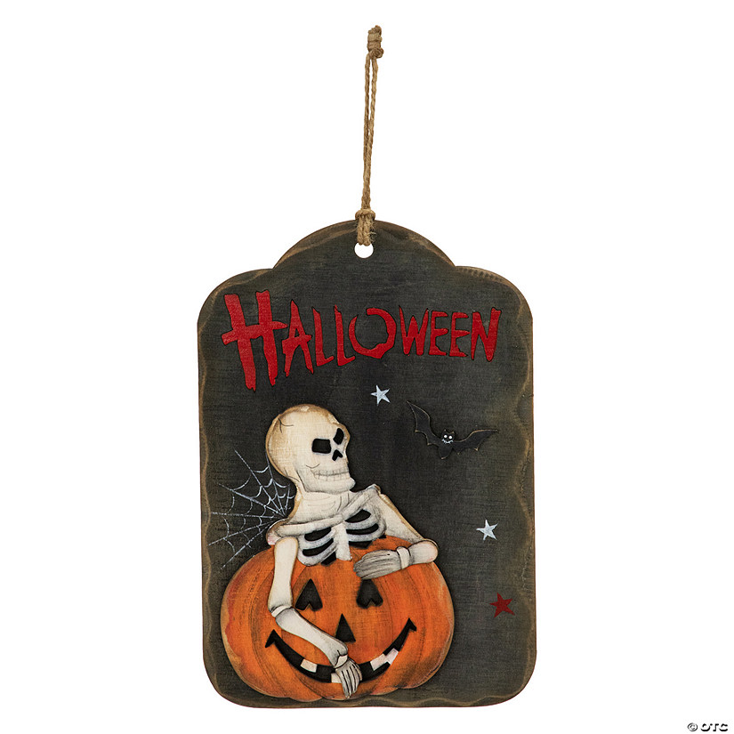 9.75" Skeleton and Jack-O-Lantern Halloween Wall Sign Image