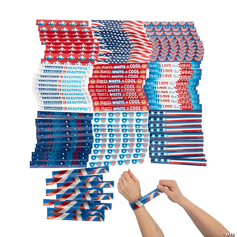 9" Bulk 100 Pc. Patriotic Red, White & Blue Metal Slap Bracelet Assortment Image