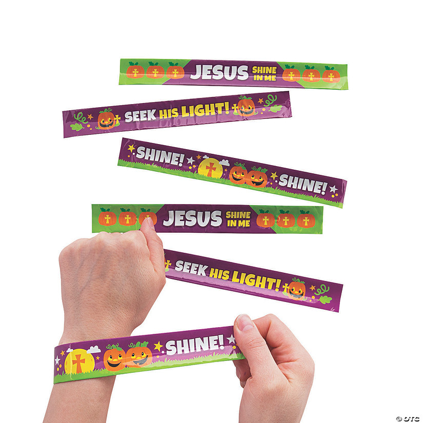 9" Christian Pumpkin Green & Purple Metal Slap Bracelets - 12 Pc. Image