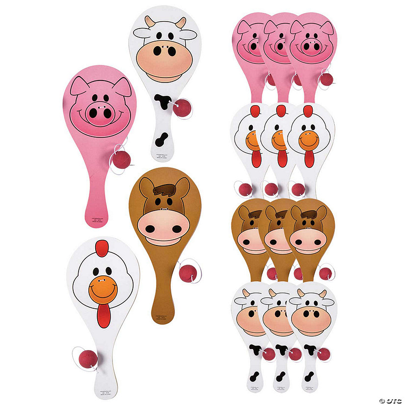 9" Farm Animal Wood Paddleball Games with Rubber Ball - 12 Pc. Image