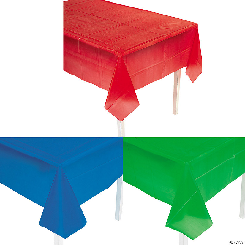 9 Ft. Green, Red &amp; Blue Rectangle Disposable Plastic Tablecloth Assortment - 6 Pc. Image