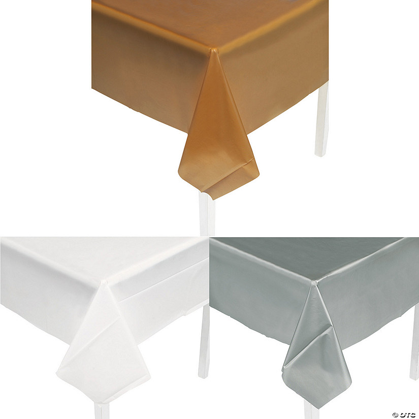 9 Ft. Silver, Gold &amp; White Rectangle Disposable Plastic Tablecloth Assortment - 6 Pc. Image