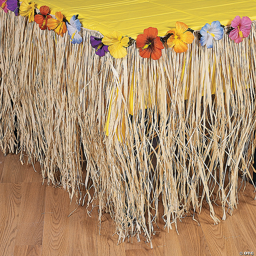 9 Ft. x 29" Hibiscus Raffia Table Skirt with Polyester Flower Trim Image