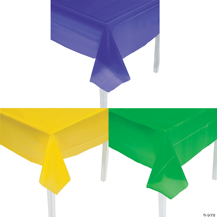 9 Ft. Yellow, Purple & Green Rectangle Disposable Plastic Tablecloth Kit - 6 Pc. Image