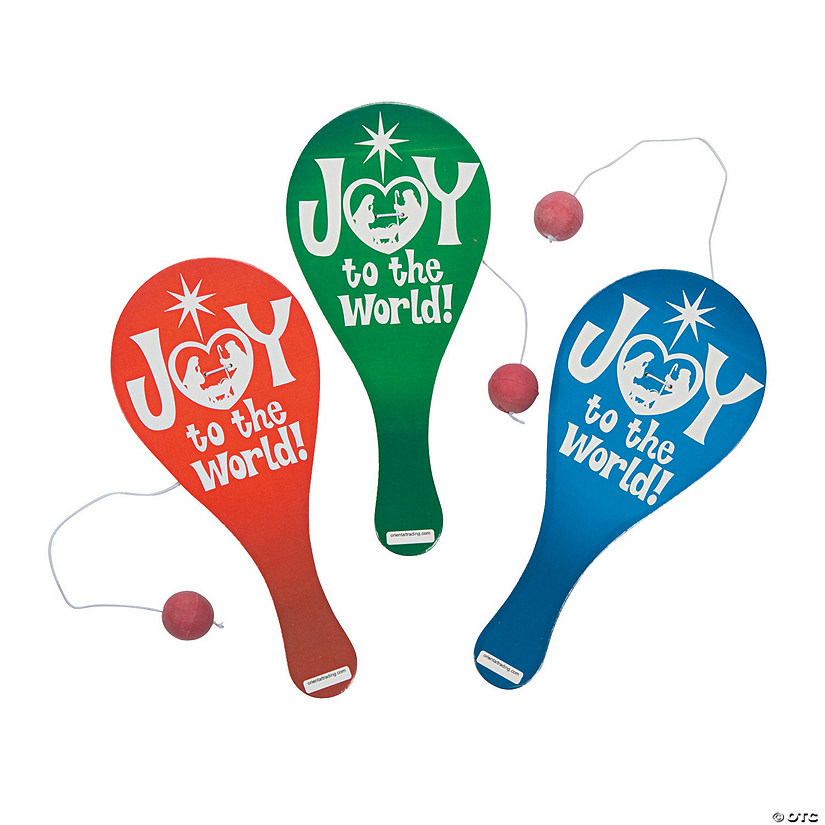 9" Joy To the World Red, Green & Blue Wood Paddleball Games - 12 Pc. Image