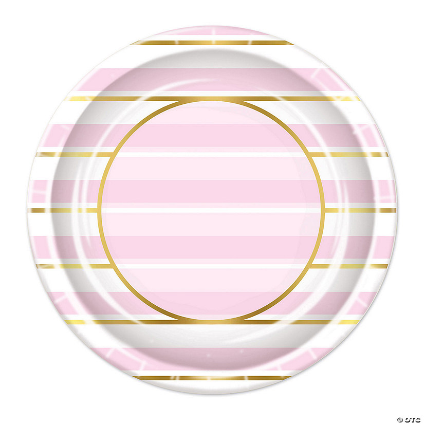 9" Metallic Gold & Pink Striped Paper Dinner Plates &#8211; 8 Ct. Image