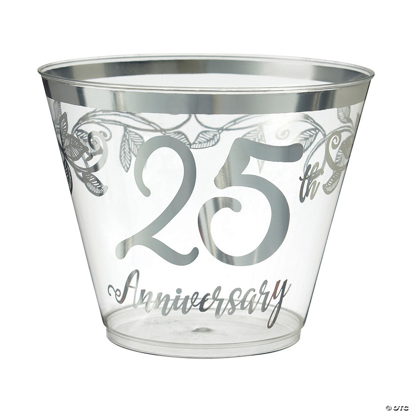 9 oz. 25th Anniversary Disposable Plastic Cups with Metallic Silver Rim - 30 Ct. Image