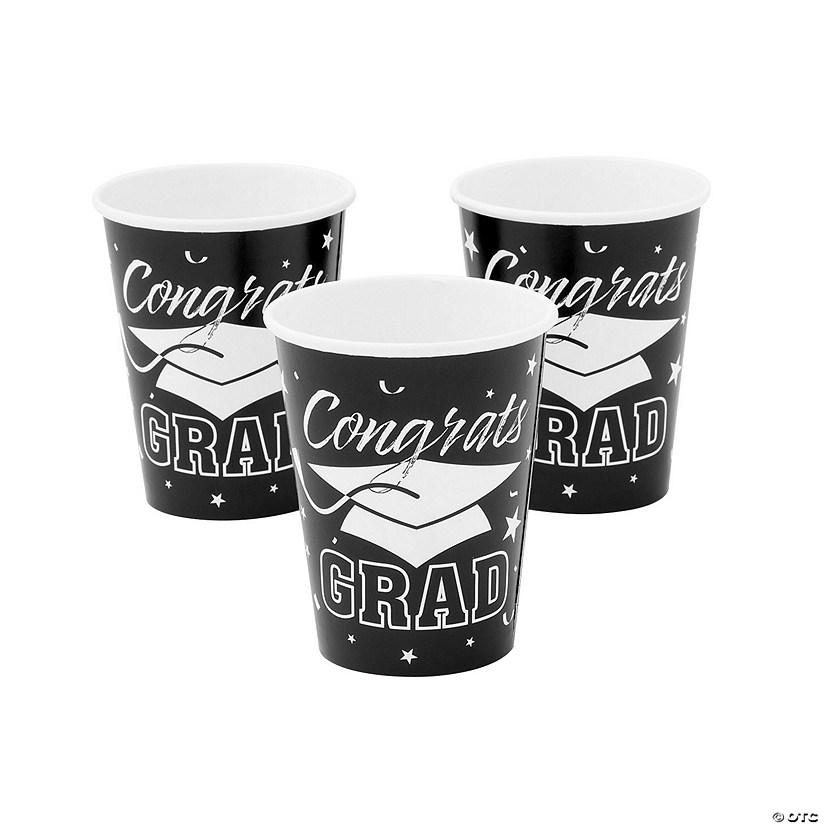 9 oz. Black Congrats Grad Cap Disposable Paper Cups - 25 Ct. Image