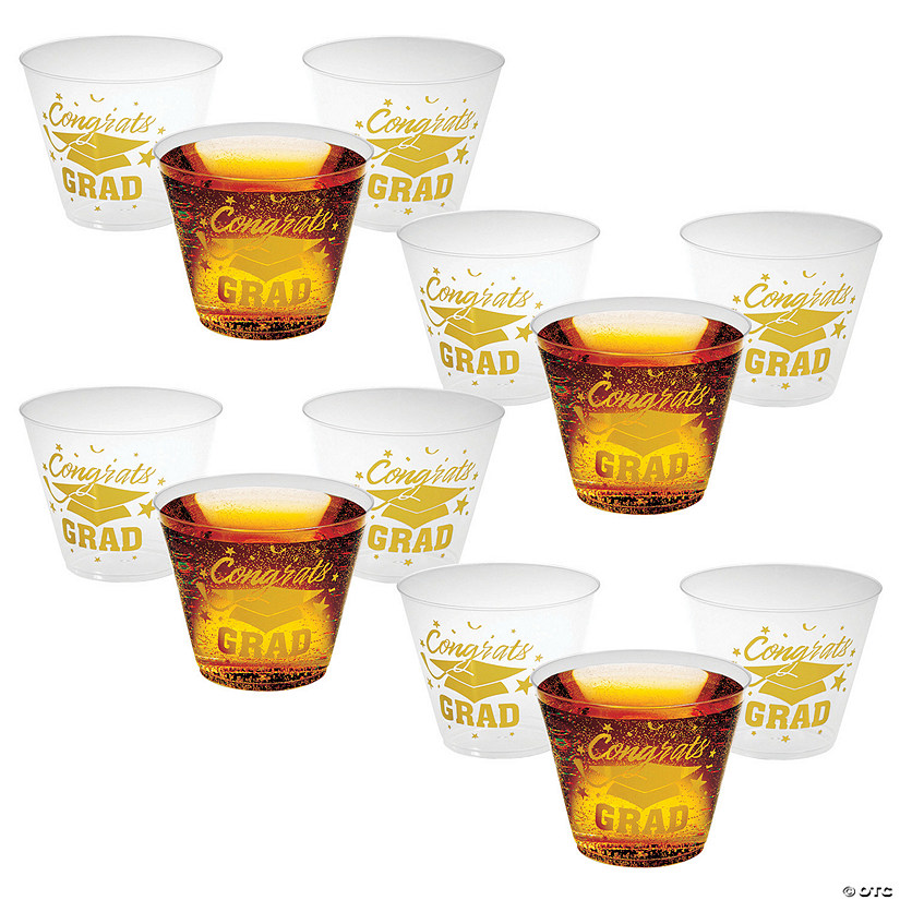 9 oz. Bulk 200 Ct. Small Congrats Grad Disposable Plastic Cups with Gold Foil Image