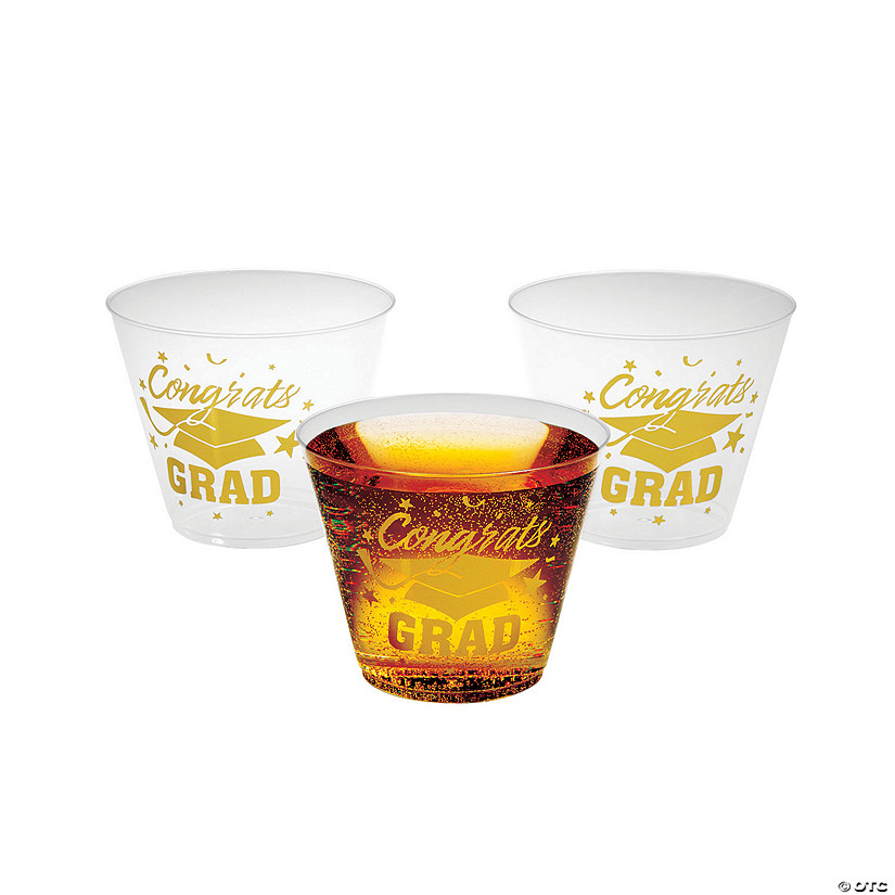 9 oz. Bulk 50 Ct. Small Congrats Grad Disposable Plastic Cups with Gold Foil Image
