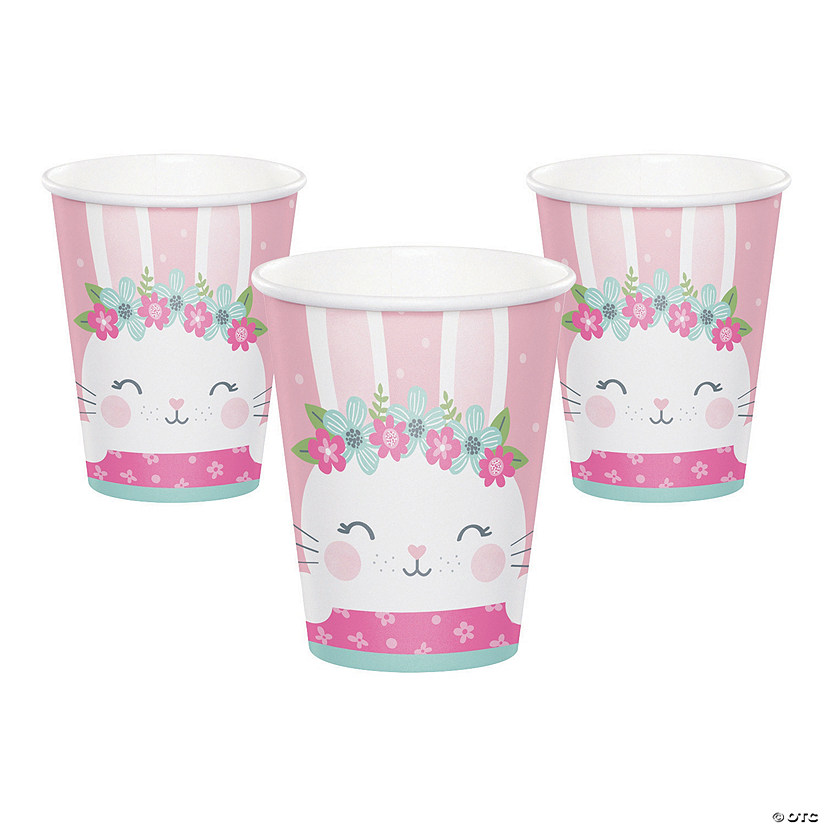 9 oz. Bunny Party Pink & Floral Disposable Paper Cups - 8 Ct. Image