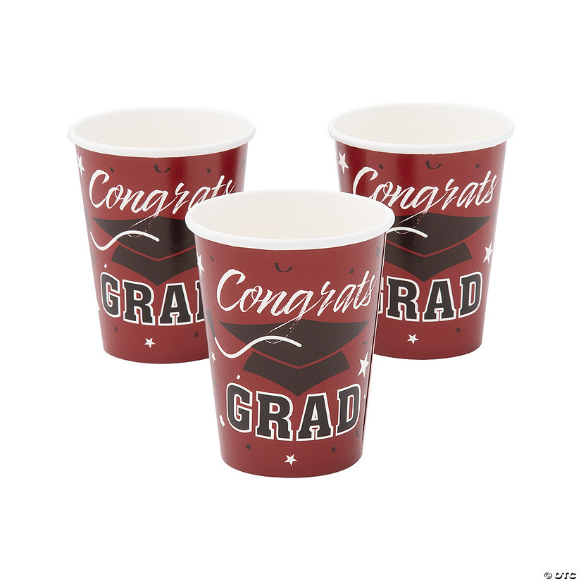 9 oz. Burgundy Congrats Grad Cap Disposable Paper Cups - 25 Ct. Image