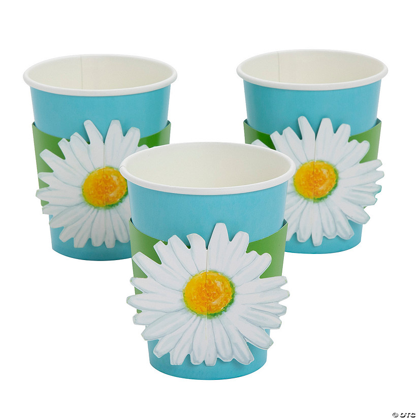 9 oz. Daisy Party Bright Blue Disposable Paper Cups with Sleeves - 8 Ct. Image
