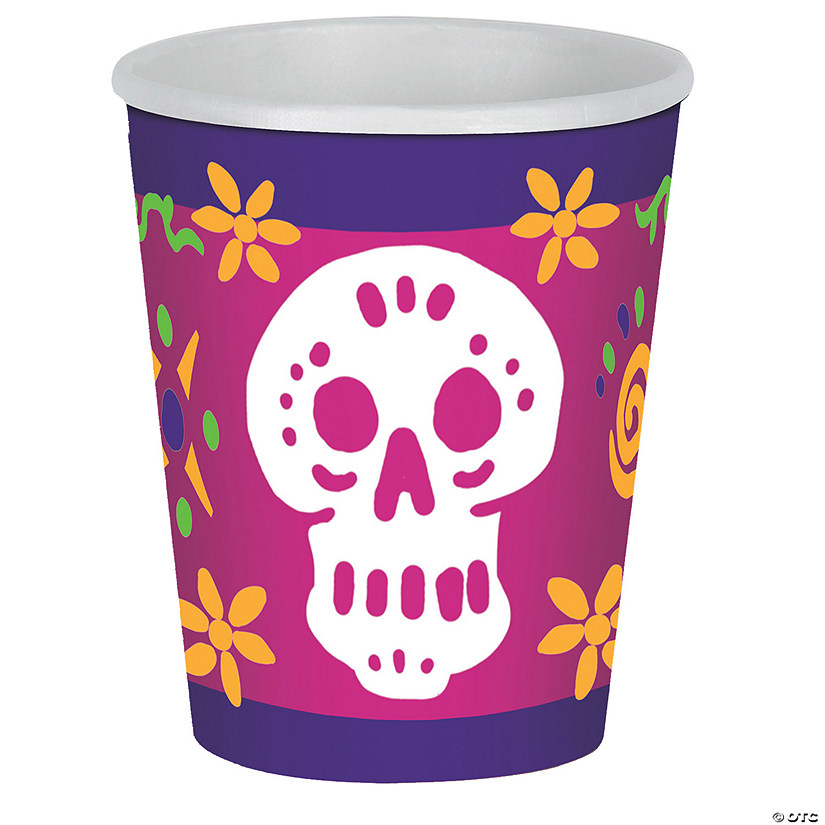 9 oz. Day of the Dead Skull Purple & Pink Disposable Paper Cups - 8 Ct. Image