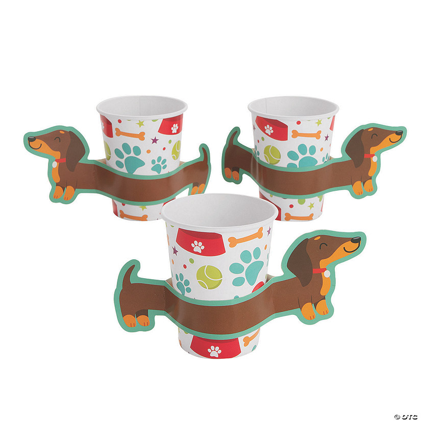 9 oz. Dog Party Paw Prints & Toys Disposable Paper Cups with Dachshund Sleeves - 8 Ct. Image