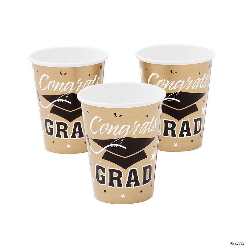 9 oz. Gold Congrats Grad Cap Disposable Paper Cups - 25 Ct. Image