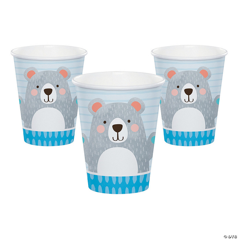 9 oz. Happy Bear Grey & Blue Disposable Paper Cups - 8 Ct. Image